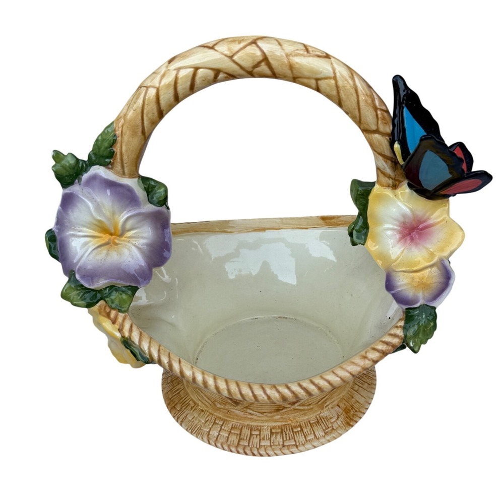 L.R. Ceramic Floral Basket with Butterfly and Pansies Tan Woven Decor 7.5 Inch‎